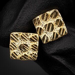 Retro Hip Hop Square 14K Yellow Gold Plated 925 Sterling Silver Earrings